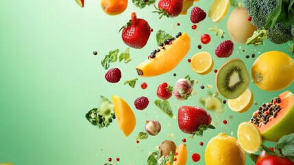 Various fresh fruits and vegetables floating in the air on a green gradient background