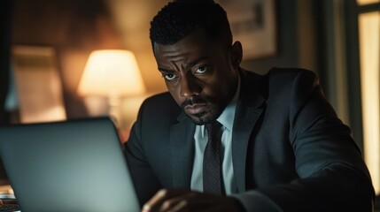 A man, clad in a crisp suit and tie, sat hunched over his desk, engrossed in the glow of a laptop screen, his brow furrowed in concentration as he navigated complex spreadsheets and crafted important