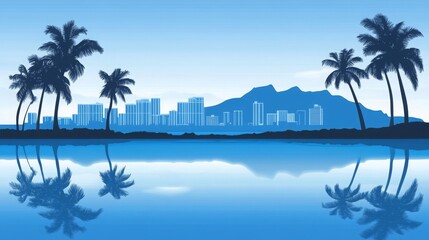 Naklejka premium Honolulu skyline silhouette with reflection at sunset over ocean. Beautiful tropical cityscape of Honolulu, Hawaii, in vector illustration, vibrant colors reflected in the water.