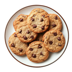 Delicious chocolate chip cookies arranged on white plate, top view, isolated on transparent background