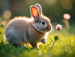Fototapeta premium Adorable baby rabbit exploring garden and smelling flower at sunset