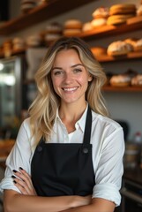 Smiling saleswoman with crossed arms in bakery with pastries displayed on shelves
