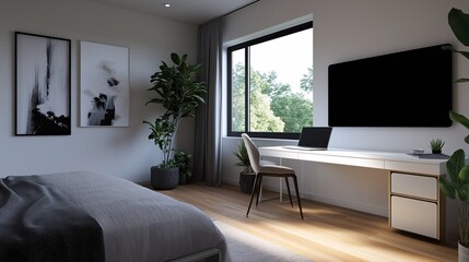 Fototapeta premium Modern bedroom with workspace, featuring minimalist design elements.