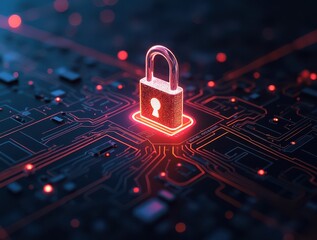 Glowing digital padlock securing futuristic circuit board symbolizing online protection
