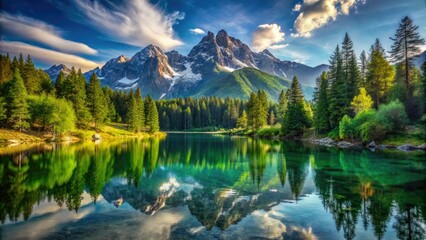 Stunning high-resolution image: alpine lake reflects towering mountains and lush forest.