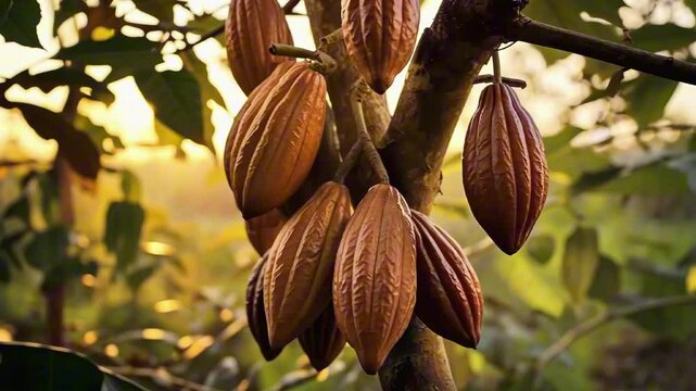 Red orange cocoa pods on a tree in the rays of the setting sun close-up. Good harvest of cocoa beans, growing cocoa trees for making chocolate. Cocoa plantation