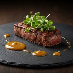 AI-generated A gourmet dish elegantly plated on a dark slate plate, featuring a perfectly cooked steak, microgreens, and a delicate sauce drizzle. Moody lighting, high-detail, restaurant-quality prese