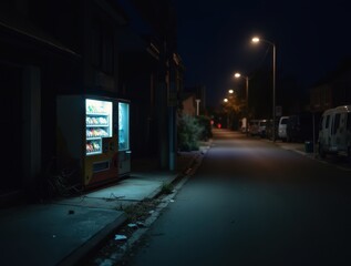 Vending machine glowing on a dark empty suburban street at night