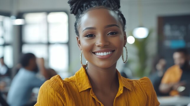 A vibrant young businesswoman, her smile radiating confidence and warmth, engaged in a lively discussion with her colleagues in an open-plan office, the lens capturing her radiant presence as she