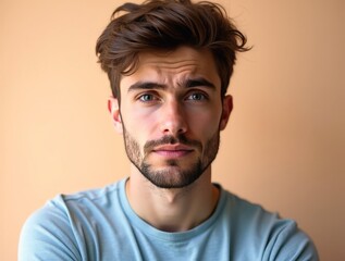 Fototapeta premium Portrait of tired young man with messy hair and beard showing exhaustion