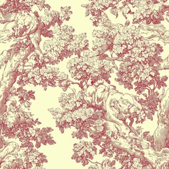 Intricate floral pattern featuring intertwining branches and blossoms on a soft background.