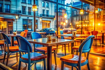 Cozy Cafe Interior: Double Exposure of Orange & Blue Chairs and Table