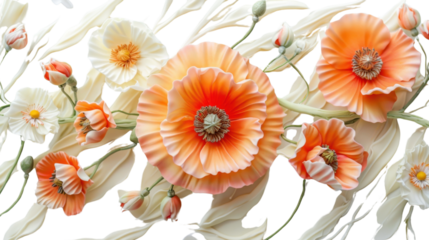 Orange and white poppies flowing with creamy swirls on transparent background
