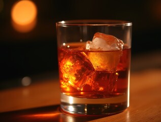 Glass of whiskey with melting ice cubes reflecting warm light in a bar setting