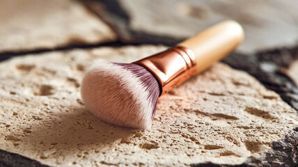 Luxurious makeup brush with soft bristles on a textured stone surface – ideal for beauty photography and cosmetic branding