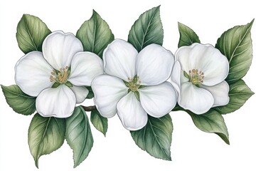 Watercolor white apple blossom flowers with green leaves, vector illustration, isolated on the background