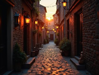 Obraz premium Cozy alleyway at sunset with glowing lanterns and cobblestone path