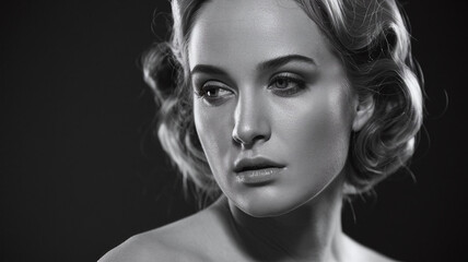 Black and white portrait of young beautiful woman with elegant updo hairstyle, great for fashion editorials, artistic photography collections, beauty campaigns, magazines, classic portrait portfolios