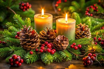 Cozy Holiday Candlelight: Pine Cones & Greenery Festive Arrangement
