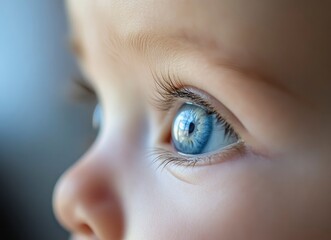 Obraz premium A close-up of the blue eye and white iris of an adorable baby boy, reflecting his pure joy. The focus is on the face or eyes, using macro photography and natural light. 