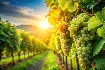 Fototapeta premium Sun-drenched Riesling grapes, a German winemaker's autumnal bounty, await the harvest.