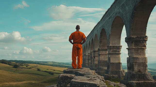 A solitary figure dressed in orange stands by a majestic aqueduct. The vast landscape evokes themes of freedom and confinement. A moment of reflection captured in time. Generative AI
