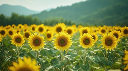 Fototapeta premium Vibrant Sunflower Field Landscape at Sunset