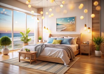 Cozy Minimalist Coastal Bedroom Interior Design with Bokeh Effect - Stock Photo