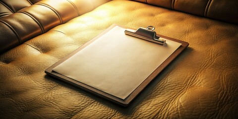 Surreal beige leather clipboard; blank paper, textured, evocative of dream photography and abstract mystery.