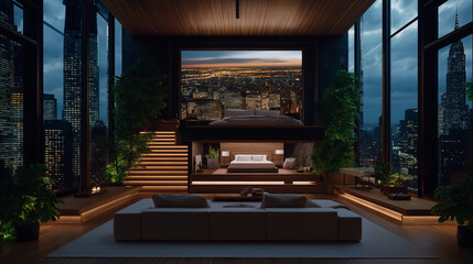 Luxury Penthouse with City View: A contemporary penthouse suite boasts an expansive panoramic view of a bustling city skyline at dusk, complemented by sleek interior design and luxurious furnishings.