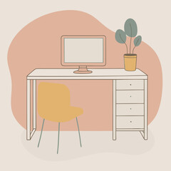 A black silhouette of a modern, monitor, a chair, and various decorative elements 