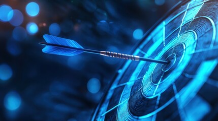 A vibrant blue bullseye gleams as a sleek dart arrow pierces through it, symbolizing the pursuit of success and the achievement of a coveted goal. The scene evokes a sense of triumph and