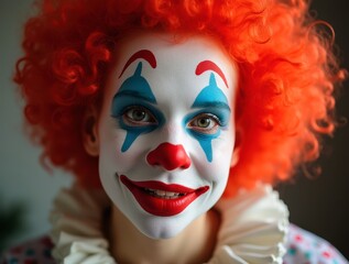 Obraz premium Close-up portrait of smiling clown with bright orange wig looking cheerful