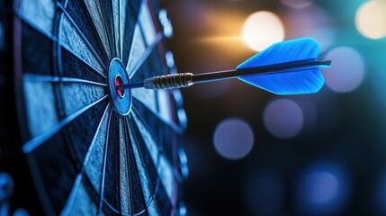 A vibrant blue bullseye gleams as a sleek dart arrow pierces through it, symbolizing the pursuit of success and the achievement of a coveted goal. The scene evokes a sense of triumph and