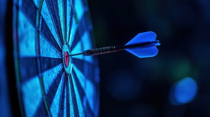 A vibrant blue bullseye gleams as a sleek dart arrow pierces through it, symbolizing the pursuit of success and the achievement of a coveted goal. The scene evokes a sense of triumph and