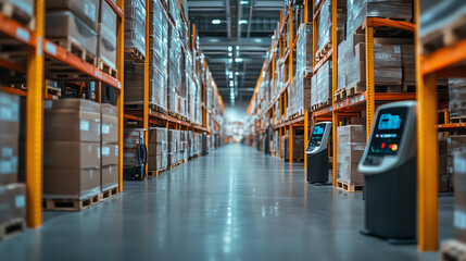 A wide shot of an organized warehouse filled with stacked boxes on shelves, showcasing modern logistics.