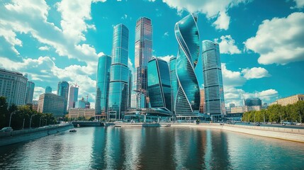 Obraz premium Modern Cityscape Skyscrapers River Blue Sky