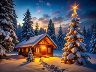 Fototapeta premium Cozy Winter Log Cabin Silhouette in Snowy Forest with Twinkling Lights