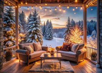 Cozy Winter Porch: Festive Lights & Snow-Covered Trees Double Exposure