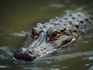 Fototapeta premium Crocodile partially submerged, showing textured skin and eye