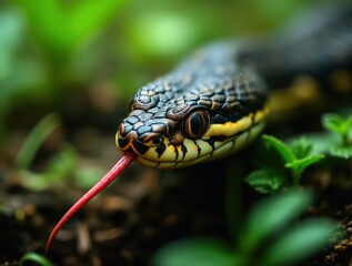 Obraz premium Venomous snake flicking tongue in lush jungle vegetation