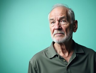 Portrait of hopeful senior man looking up on turquoise background