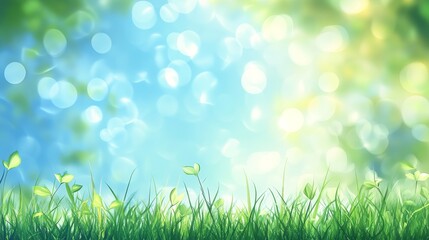 Obraz premium Vibrant summer meadow with green grass and blue sky, blurred bokeh landscape for website background
