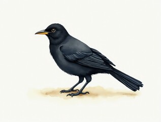 Obraz premium Watercolor painting of a black bird standing on the ground
