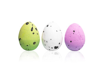 Happy Easter. Set of colorful Easter eggs isolated on white background, spring template with space for text.