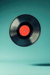 Fototapeta premium An isolated vinyl record hovers suspended above a blue surface