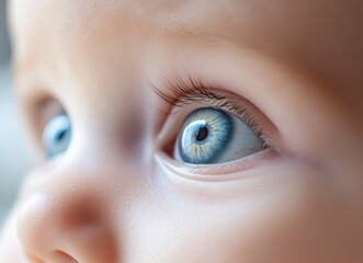 A close-up of the blue eye and white iris of an adorable baby boy, reflecting his pure joy. The focus is on the face or eyes, using macro photography and natural light. 