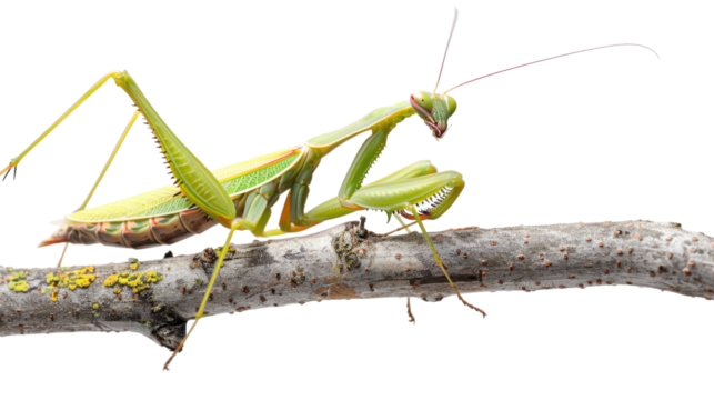 Praying mantis standing on a branch with transparent background