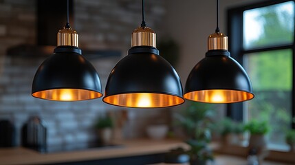 Obraz premium Modern kitchen pendant lights illuminate