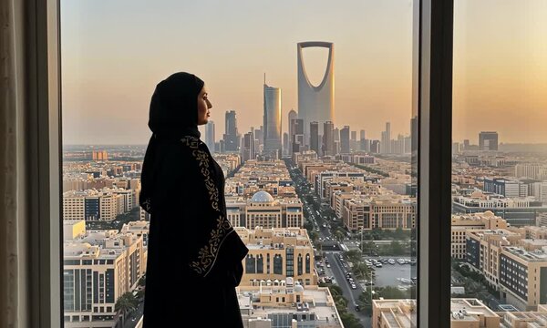 arab saudi woman in the city riyadh skylines in the background